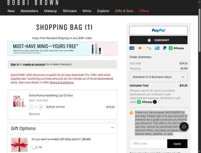 Bobbi Brown checkout page showing Bobbi Brown discount code box | Screenshot taken by SimplyCodes community member on Sep 4, 2025