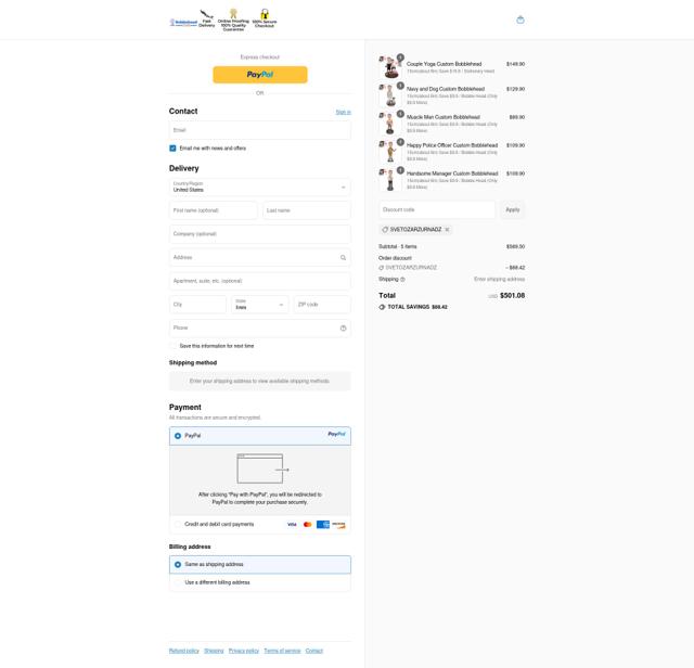 bobbleheadcraft checkout page showing bobbleheadcraft discount code box | Screenshot taken by SimplyCodes community member on Sep 16, 2025