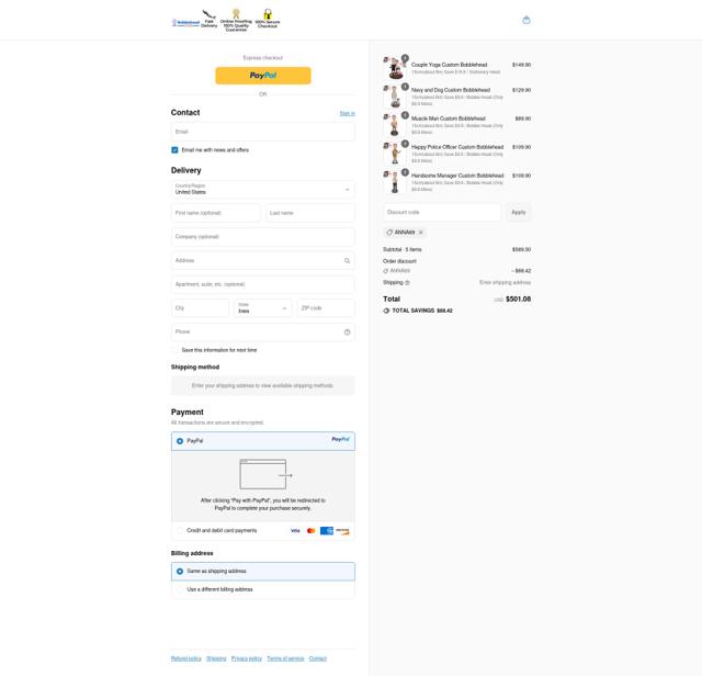 bobbleheadcraft checkout page showing bobbleheadcraft discount code box | Screenshot taken by SimplyCodes community member on Sep 16, 2025
