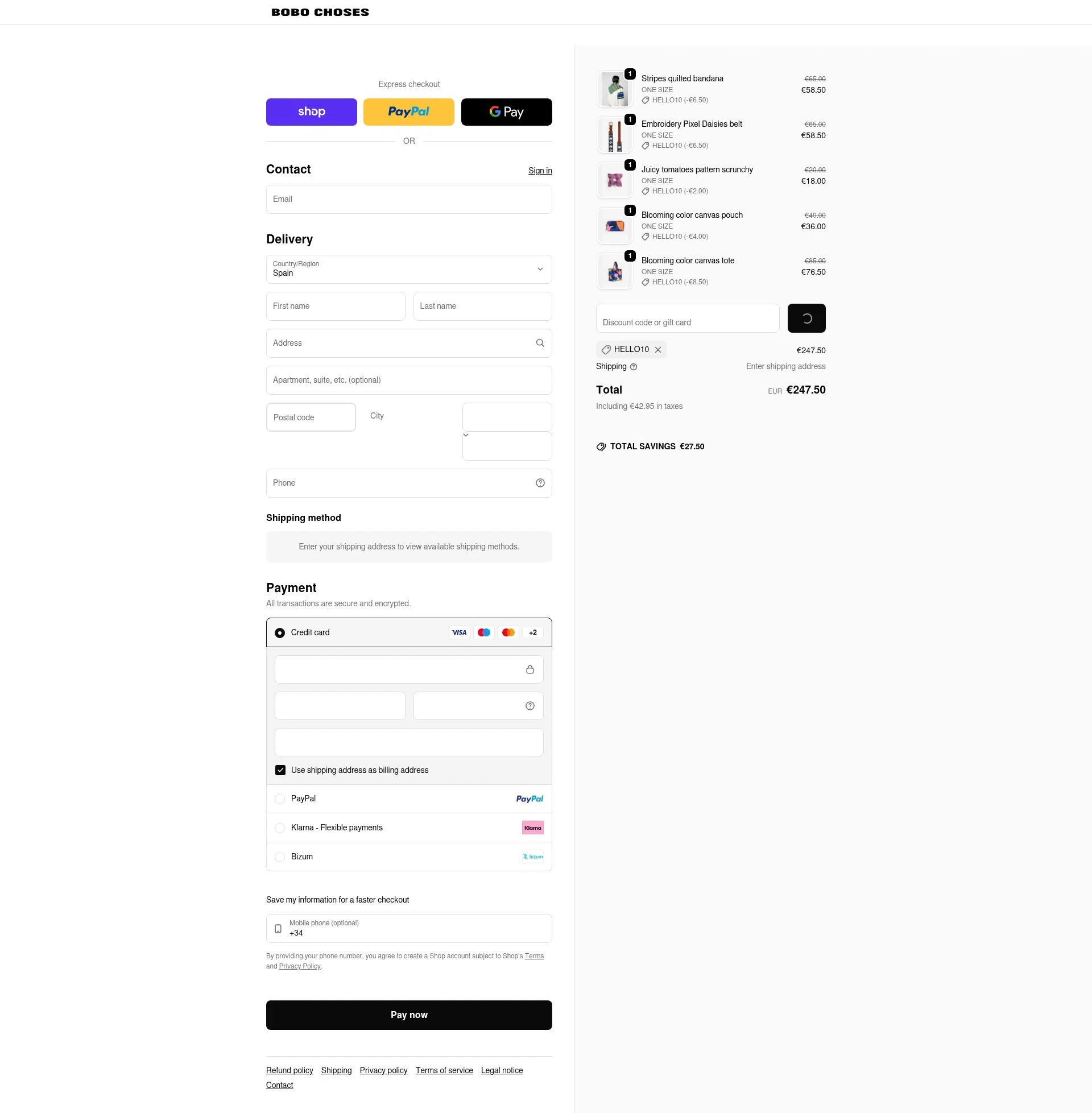 Bobo Choses checkout page showing Bobo Choses promo code box | Screenshot taken by SimplyCodes community member on Feb 8, 2026