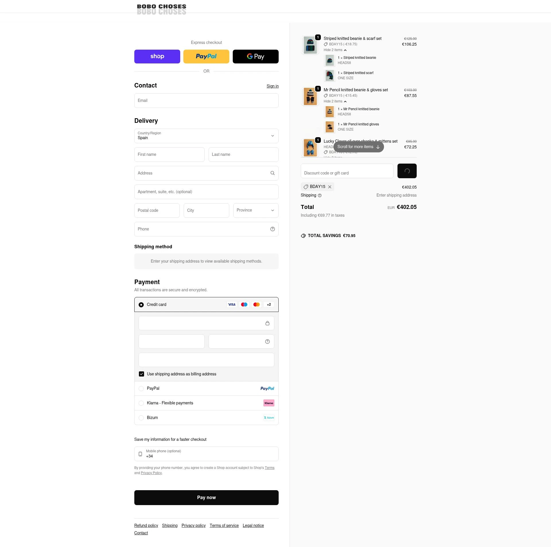 Bobo Choses checkout page showing Bobo Choses promo code box | Screenshot taken by SimplyCodes community member on Jan 31, 2026