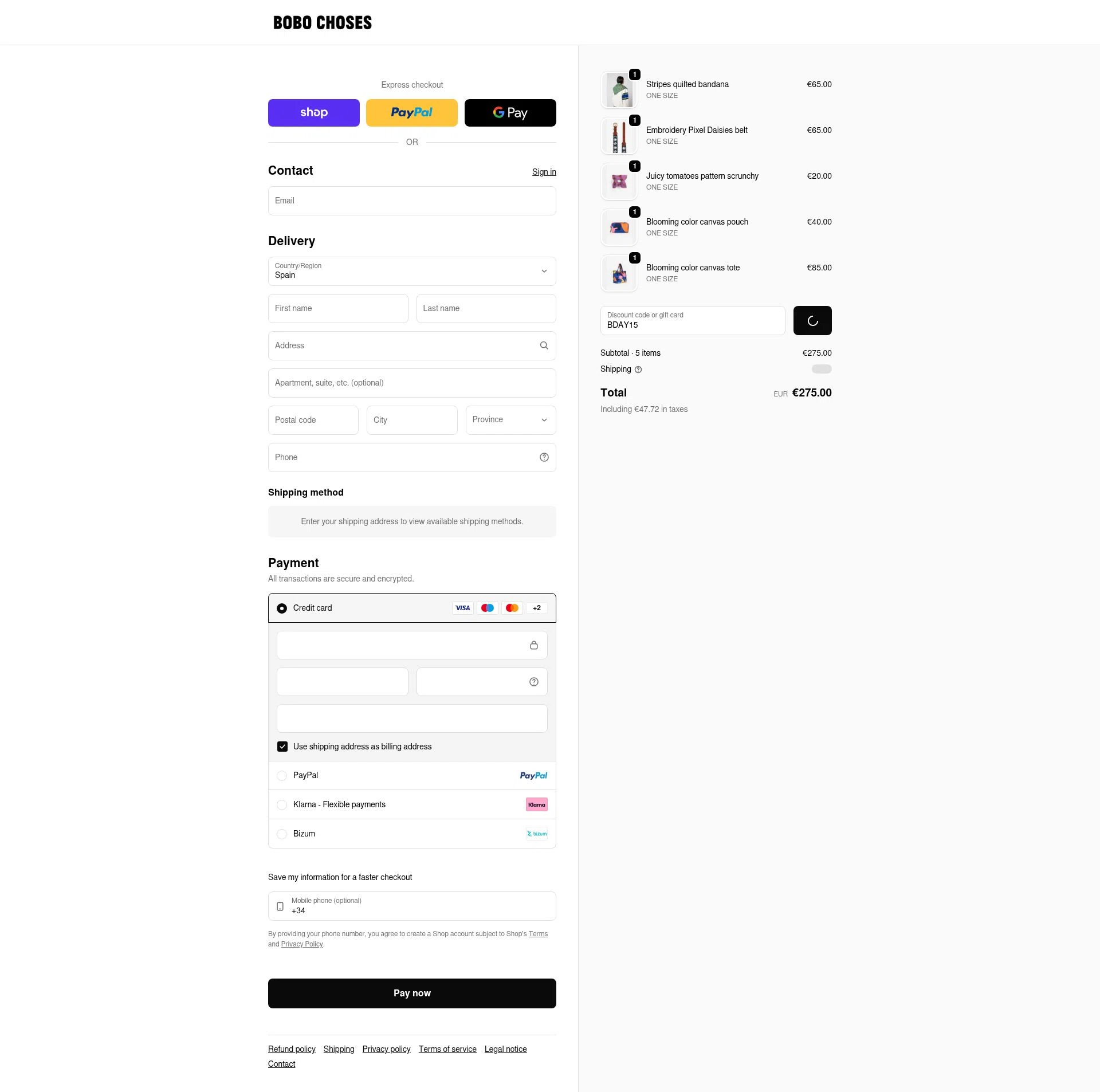 Bobo Choses checkout page showing Bobo Choses promo code box | Screenshot taken by SimplyCodes community member on Feb 4, 2026
