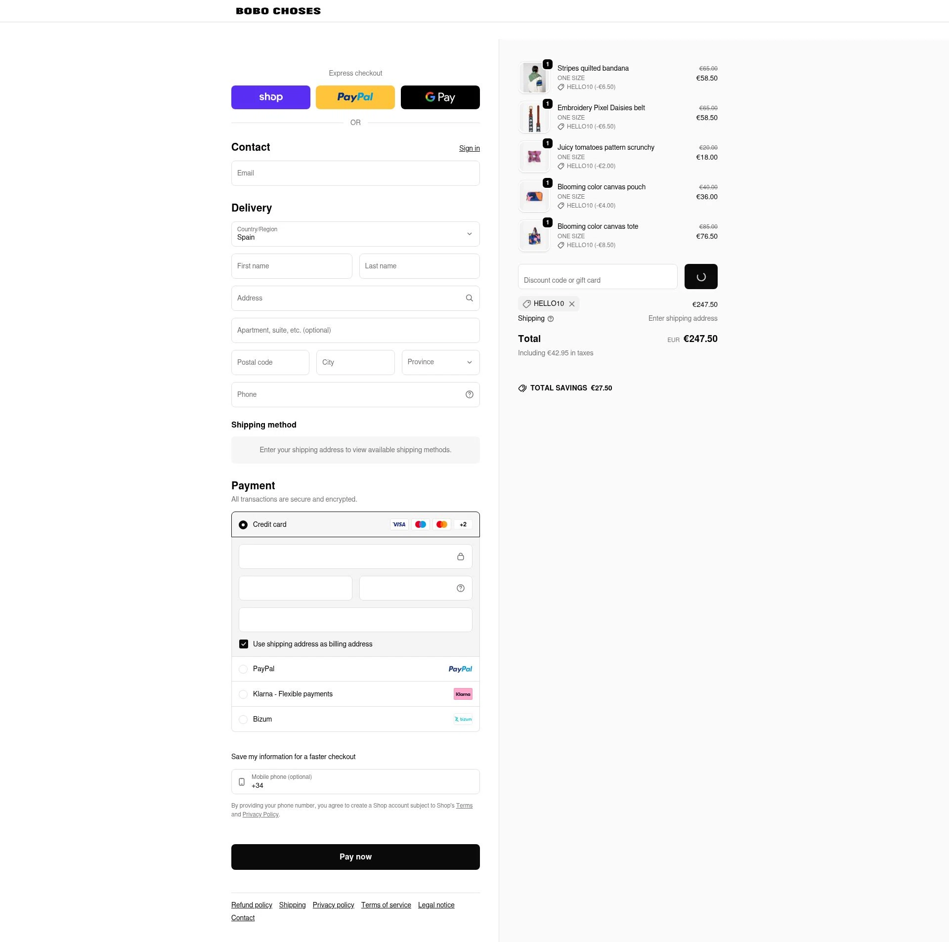 Bobo Choses checkout page showing Bobo Choses promo code box | Screenshot taken by SimplyCodes community member on Feb 4, 2026