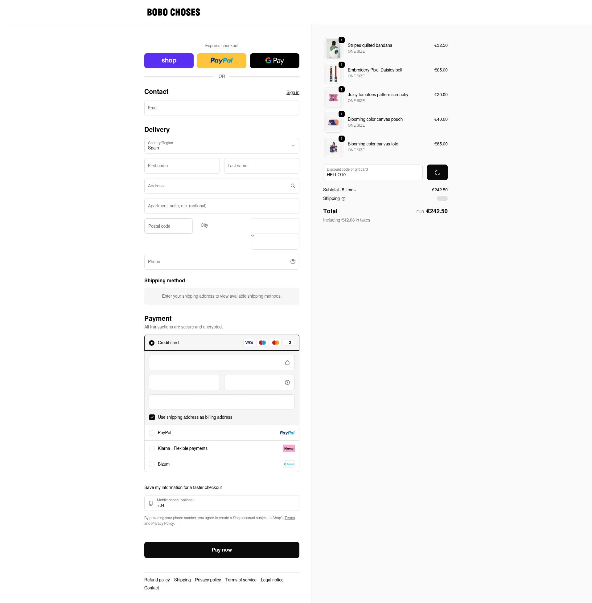 Bobo Choses checkout page showing Bobo Choses promo code box | Screenshot taken by SimplyCodes community member on Feb 17, 2026
