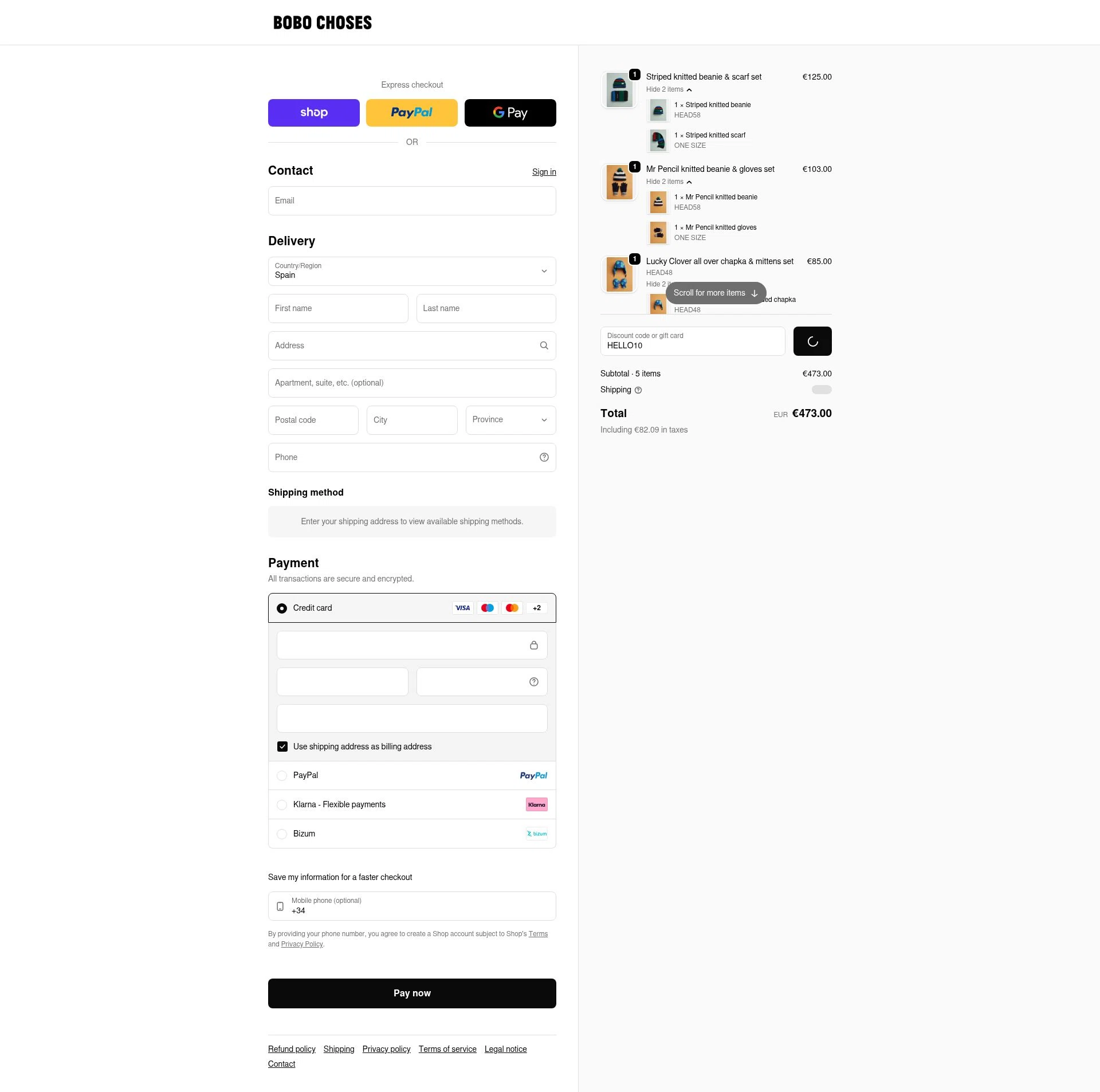 Bobo Choses checkout page showing Bobo Choses promo code box | Screenshot taken by SimplyCodes community member on Jan 31, 2026