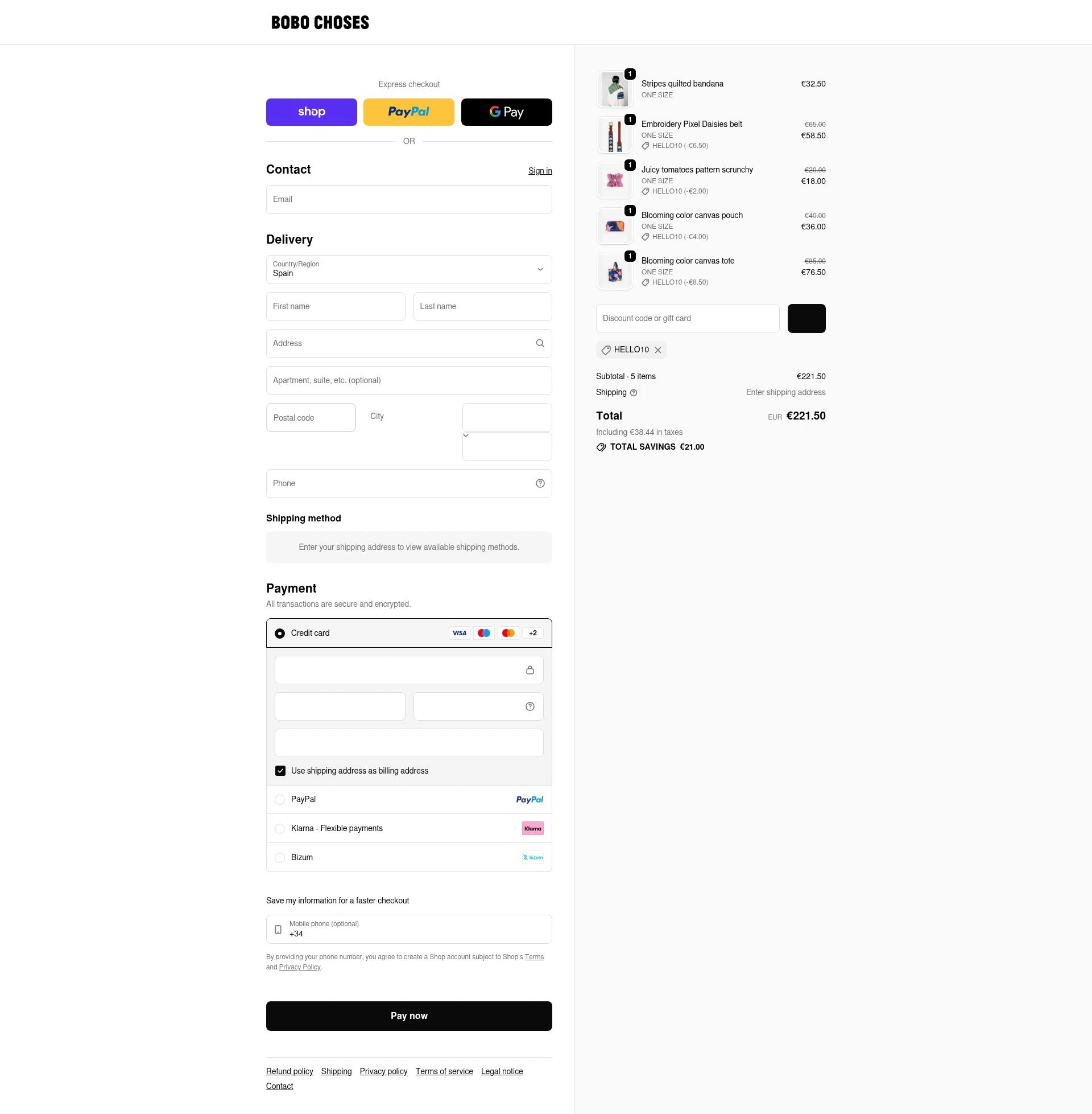 Bobo Choses checkout page showing Bobo Choses promo code box | Screenshot taken by SimplyCodes community member on Feb 13, 2026