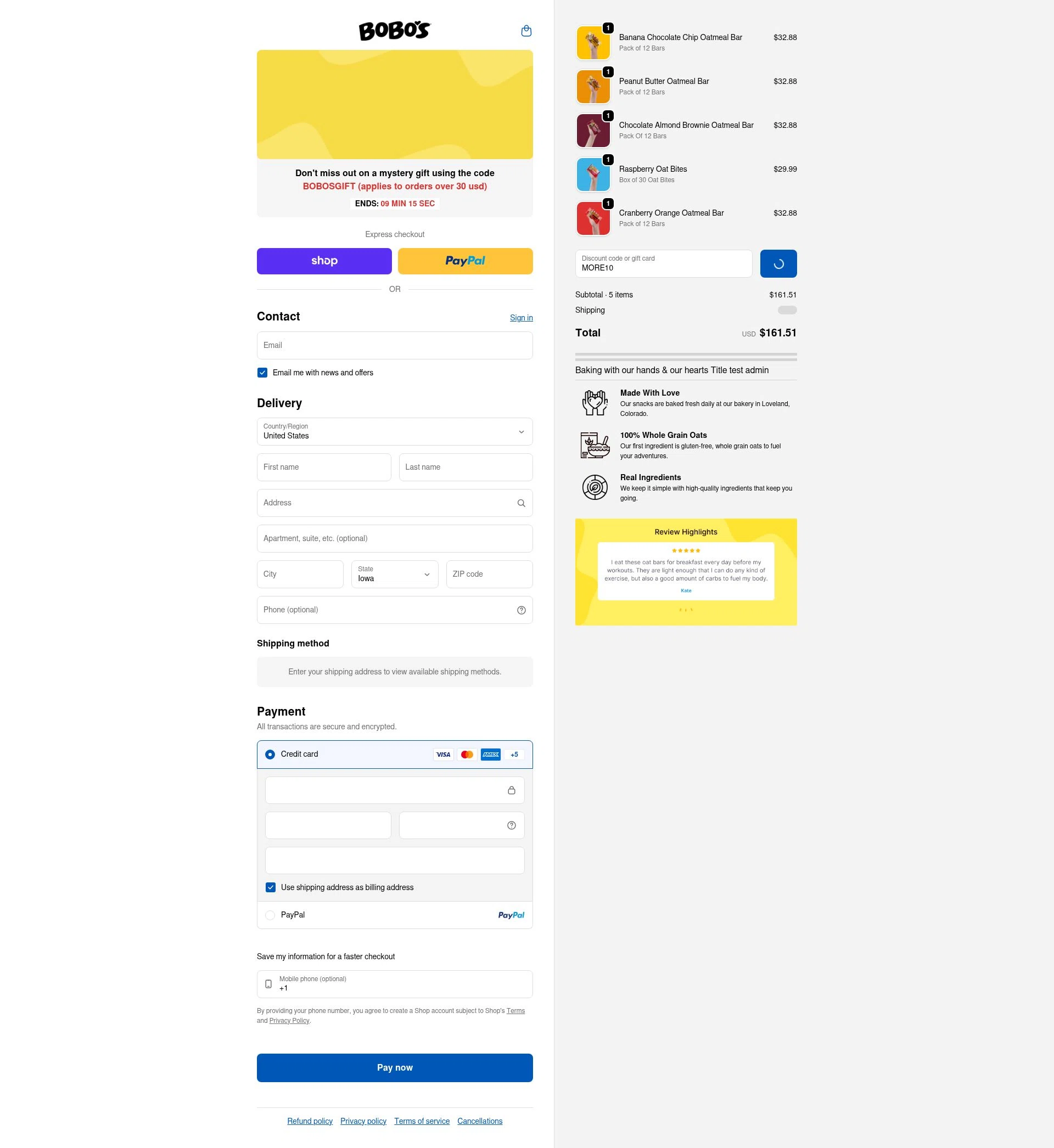 Bobo's Oat Bars checkout page showing Bobo's Oat Bars promo code box | Screenshot taken by SimplyCodes community member on Feb 5, 2026