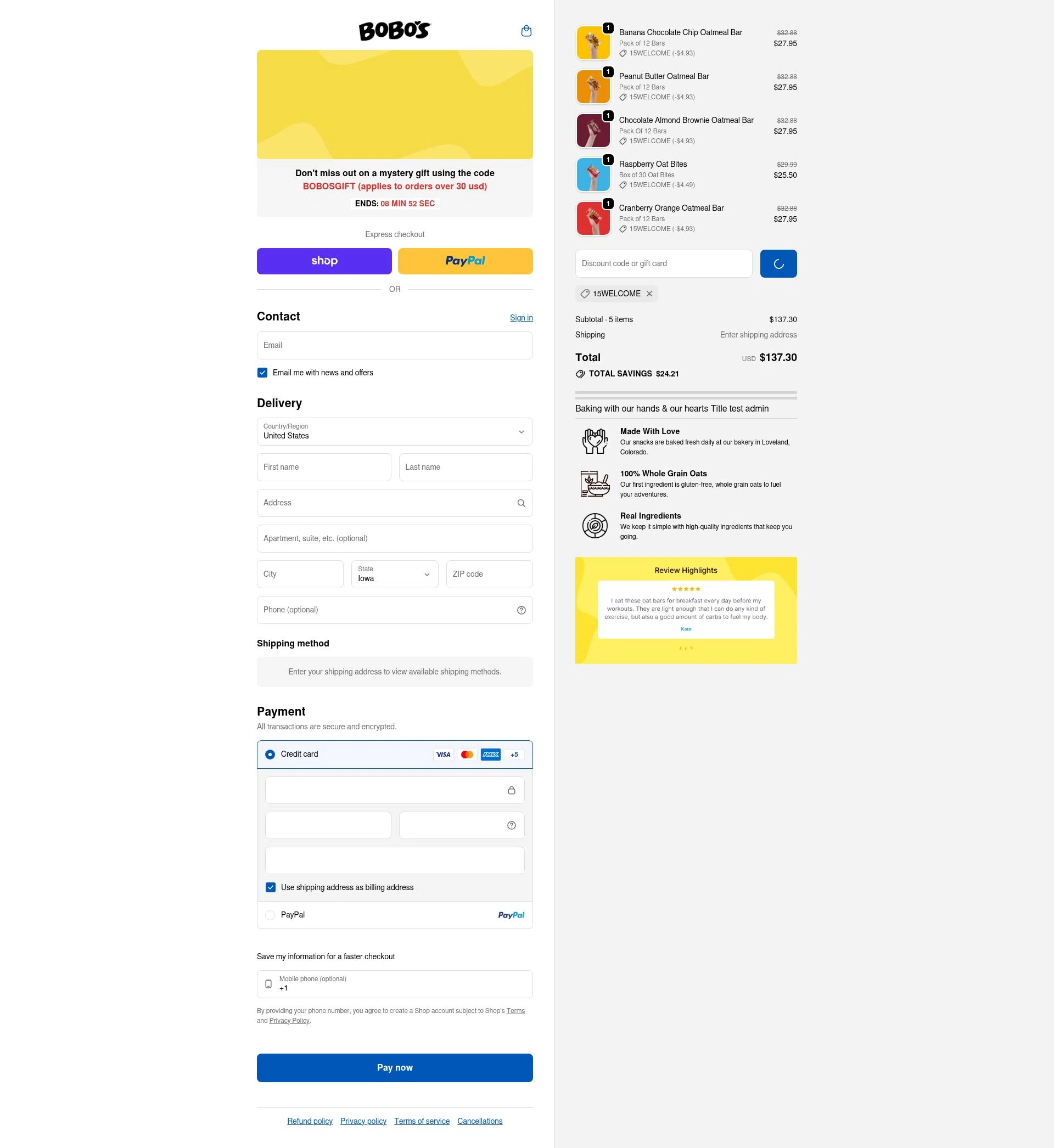 Bobo's Oat Bars checkout page showing Bobo's Oat Bars promo code box | Screenshot taken by SimplyCodes community member on Feb 5, 2026
