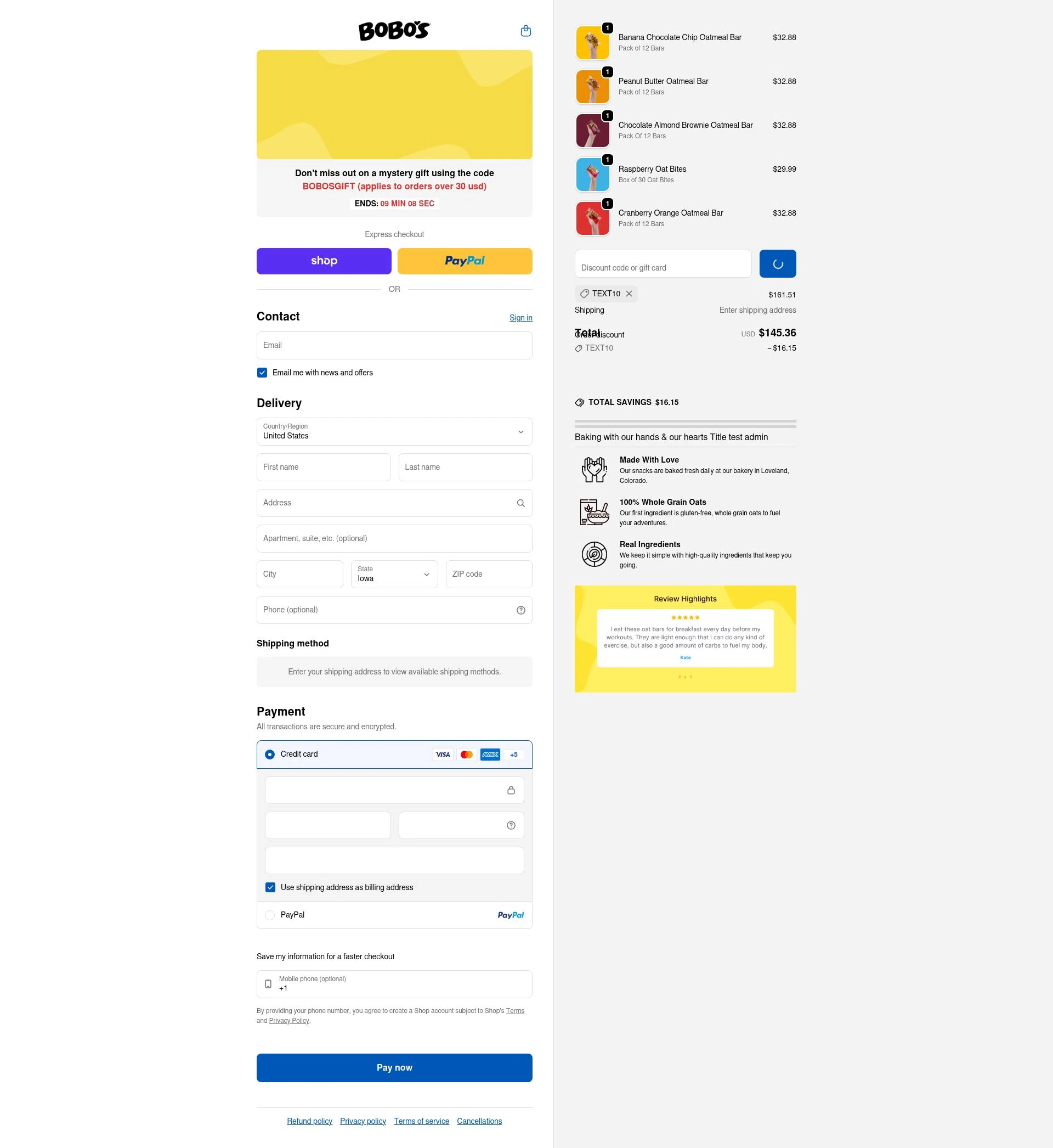 Bobo's Oat Bars checkout page showing Bobo's Oat Bars promo code box | Screenshot taken by SimplyCodes community member on Feb 5, 2026