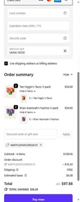 WAFFLESINFLORIDA15 coupon verification screenshot