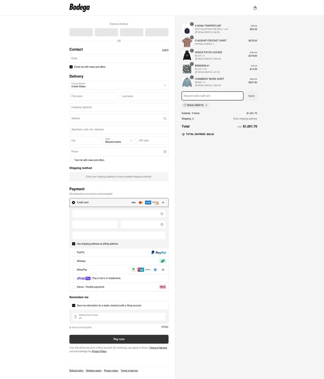 Bodega checkout page showing Bodega promo code box | Screenshot taken by SimplyCodes community member on Mar 6, 2025