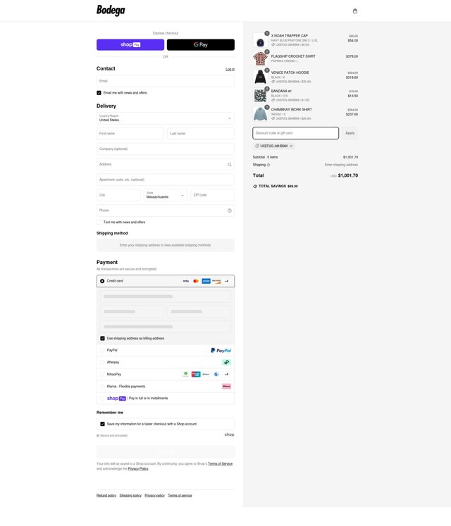 Bodega checkout page showing Bodega promo code box | Screenshot taken by SimplyCodes community member on Mar 6, 2025