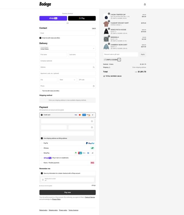 Bodega checkout page showing Bodega promo code box | Screenshot taken by SimplyCodes community member on Mar 5, 2025