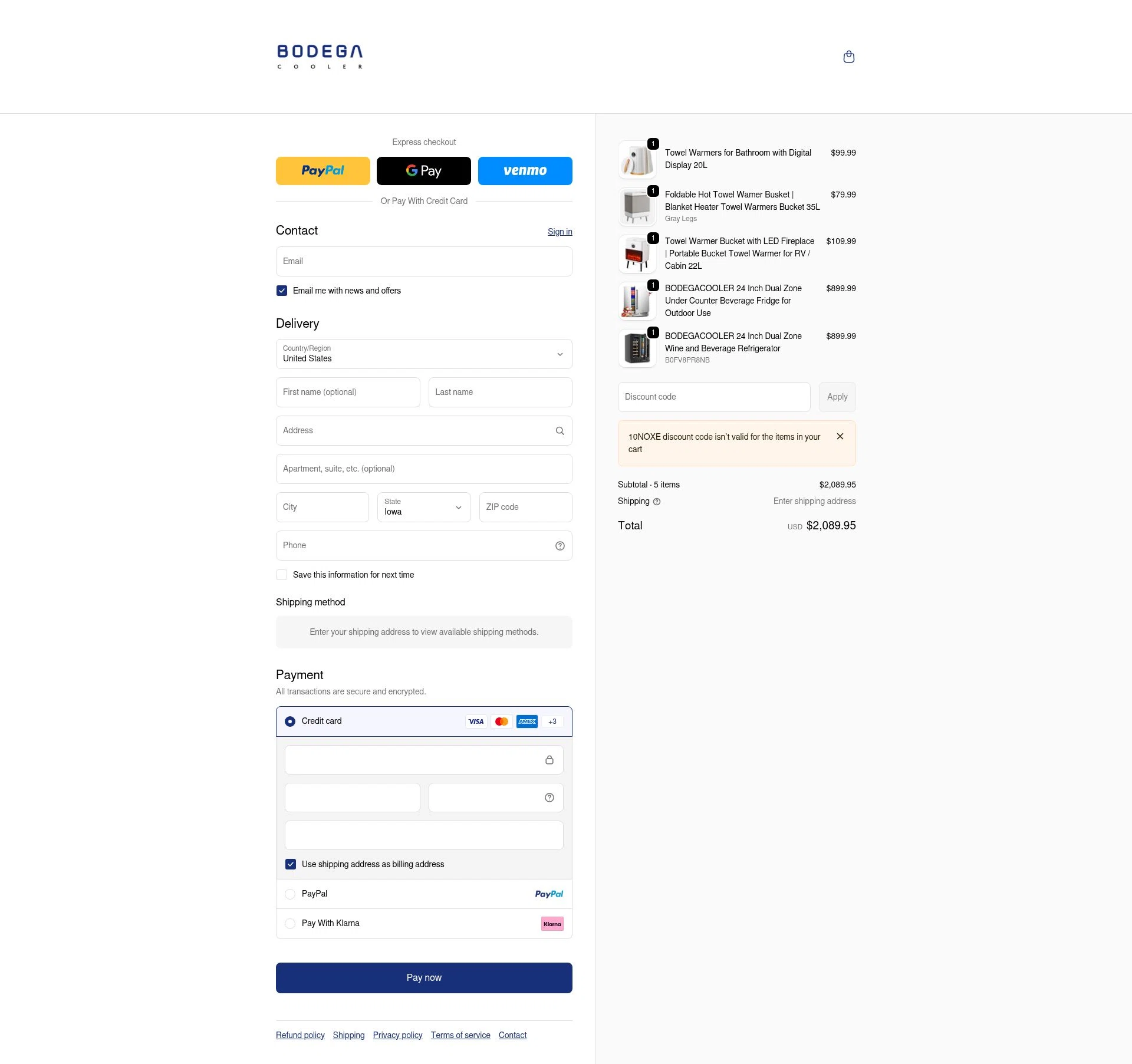 Bodega Cooler checkout page showing Bodega Cooler promo code box | Screenshot taken by SimplyCodes community member on Feb 19, 2026