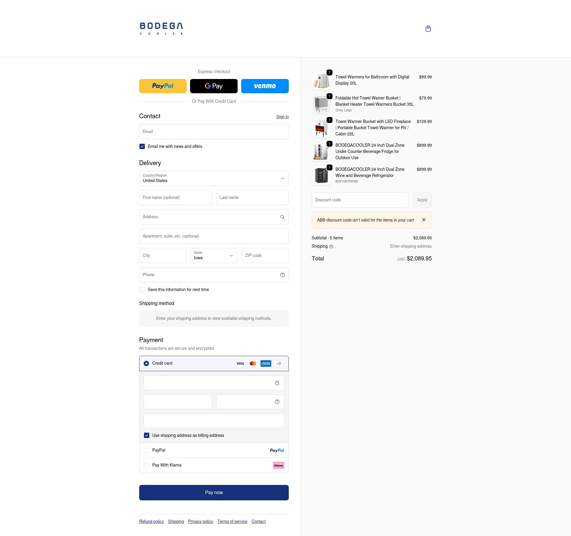 Bodega Cooler checkout page showing Bodega Cooler promo code box | Screenshot taken by SimplyCodes community member on Feb 19, 2026