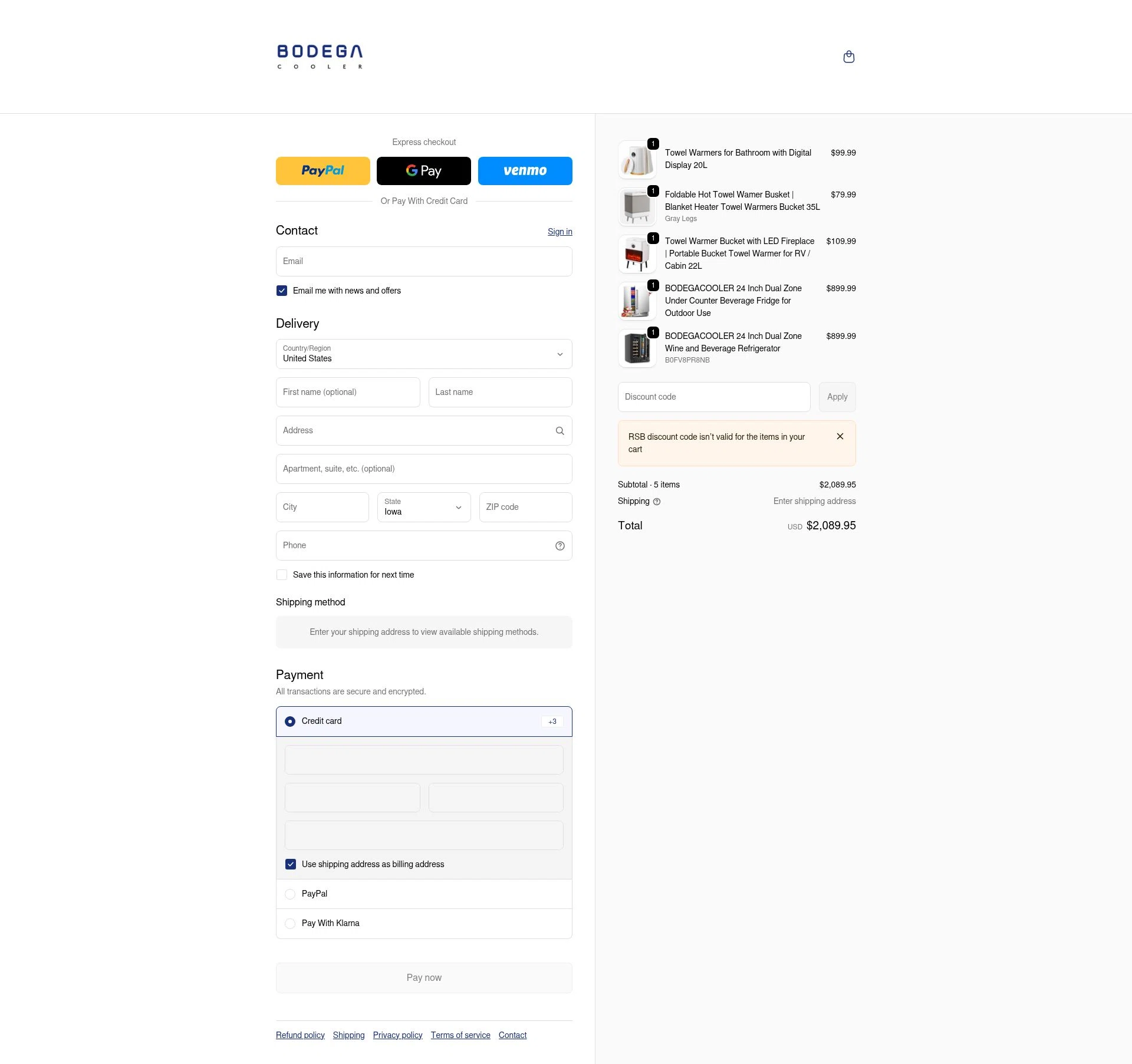 Bodega Cooler checkout page showing Bodega Cooler promo code box | Screenshot taken by SimplyCodes community member on Feb 19, 2026