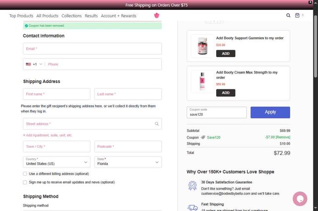 Bodied by Bella checkout page showing Bodied by Bella discount code box | Screenshot taken by SimplyCodes community member on Aug 29, 2025