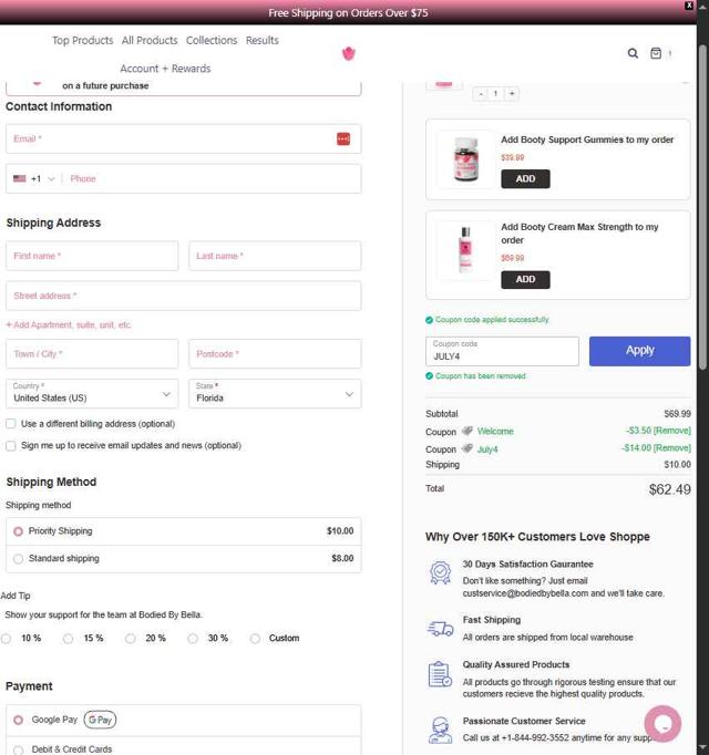 Bodied by Bella checkout page showing Bodied by Bella discount code box | Screenshot taken by SimplyCodes community member on Sep 11, 2025