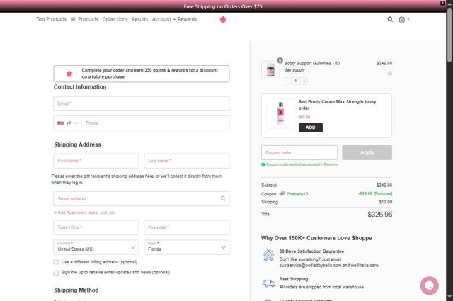 Bodied by Bella checkout page showing Bodied by Bella discount code box | Screenshot taken by SimplyCodes community member on Aug 28, 2025