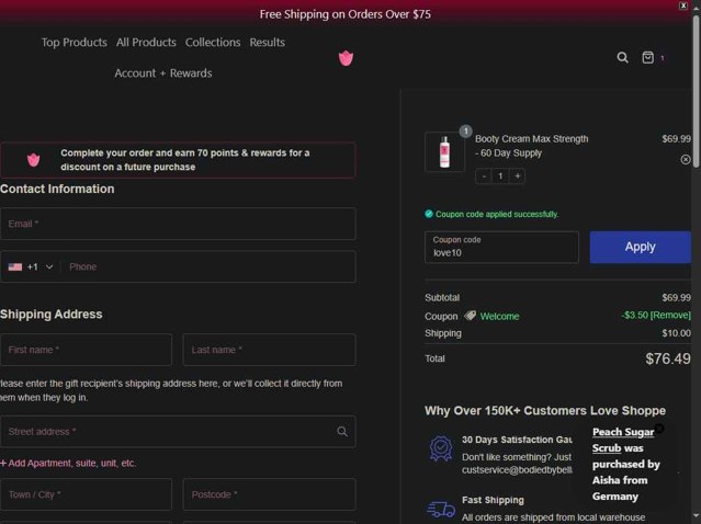 Bodied by Bella checkout page showing Bodied by Bella discount code box | Screenshot taken by SimplyCodes community member on Aug 29, 2025
