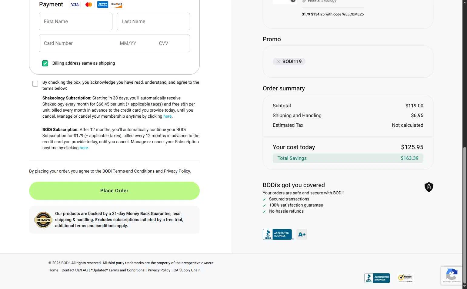 BODi US checkout page showing BODi US promo code box | Screenshot taken by SimplyCodes community member on Feb 13, 2026