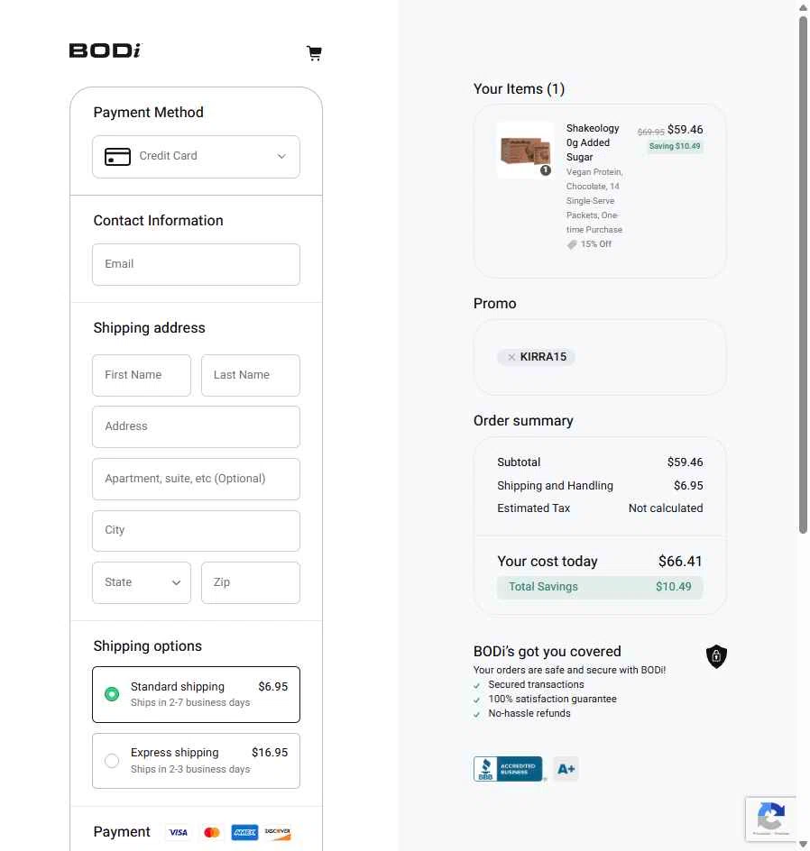 BODi US checkout page showing BODi US promo code box | Screenshot taken by SimplyCodes community member on Jan 17, 2026