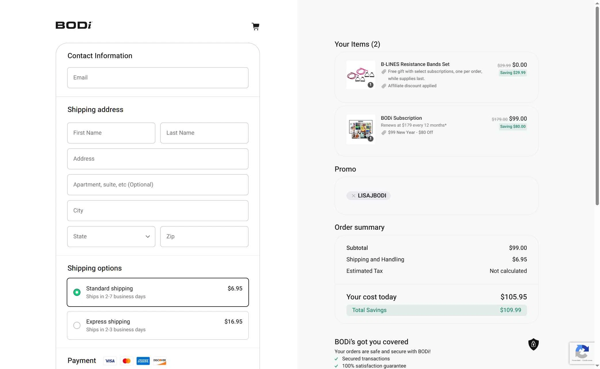 BODi US checkout page showing BODi US promo code box | Screenshot taken by SimplyCodes community member on Jan 29, 2026
