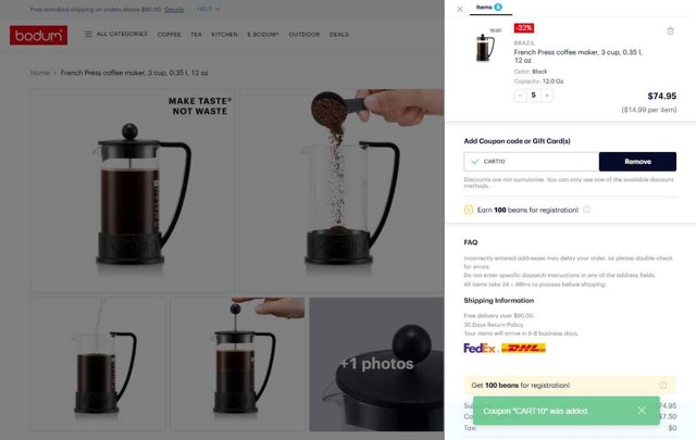 BODUM checkout page showing BODUM coupon code box | Screenshot taken by SimplyCodes community member on Aug 1, 2025