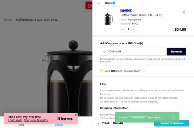 BODUM checkout page showing BODUM coupon code box | Screenshot taken by SimplyCodes community member on Aug 20, 2025