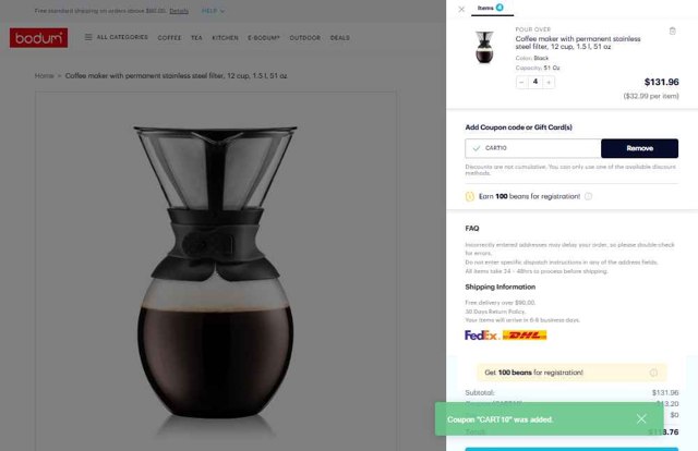 BODUM checkout page showing BODUM coupon code box | Screenshot taken by SimplyCodes community member on Aug 30, 2025