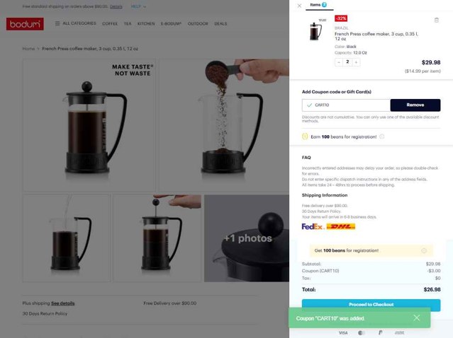 BODUM checkout page showing BODUM coupon code box | Screenshot taken by SimplyCodes community member on Jul 9, 2025