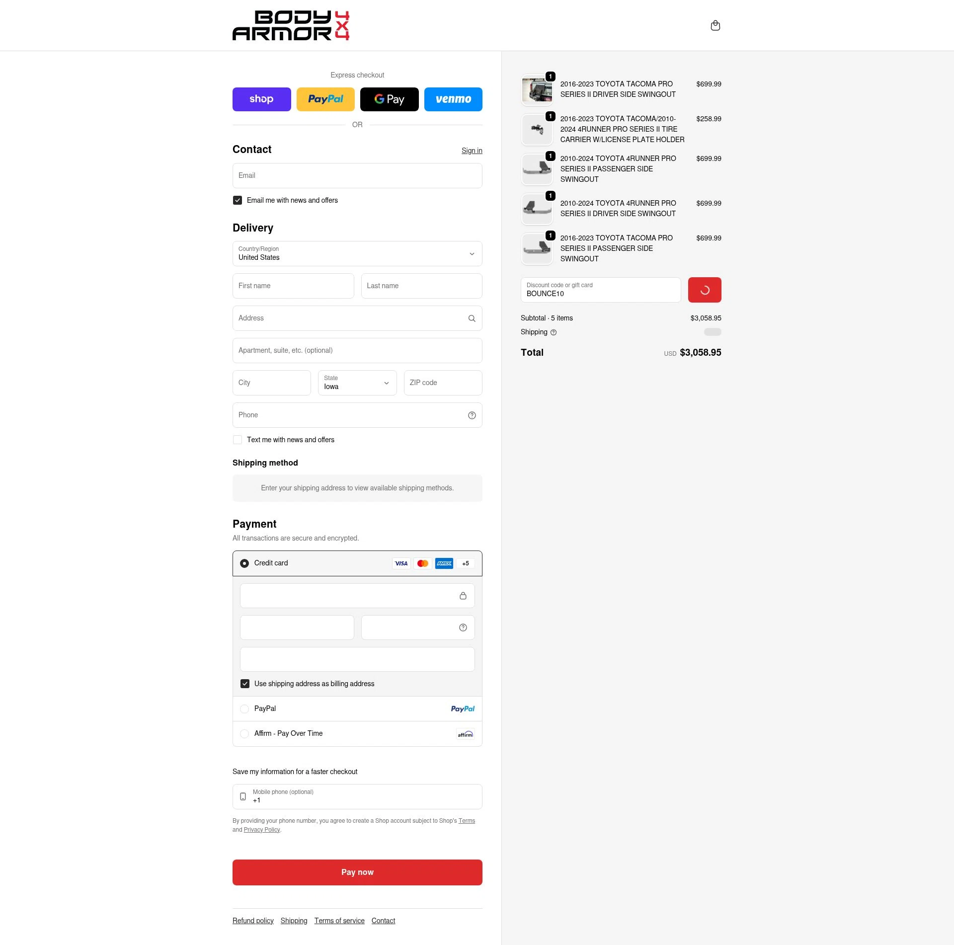 Body Armor 4x4 checkout page showing Body Armor 4x4 discount code box | Screenshot taken by SimplyCodes community member on Feb 6, 2026