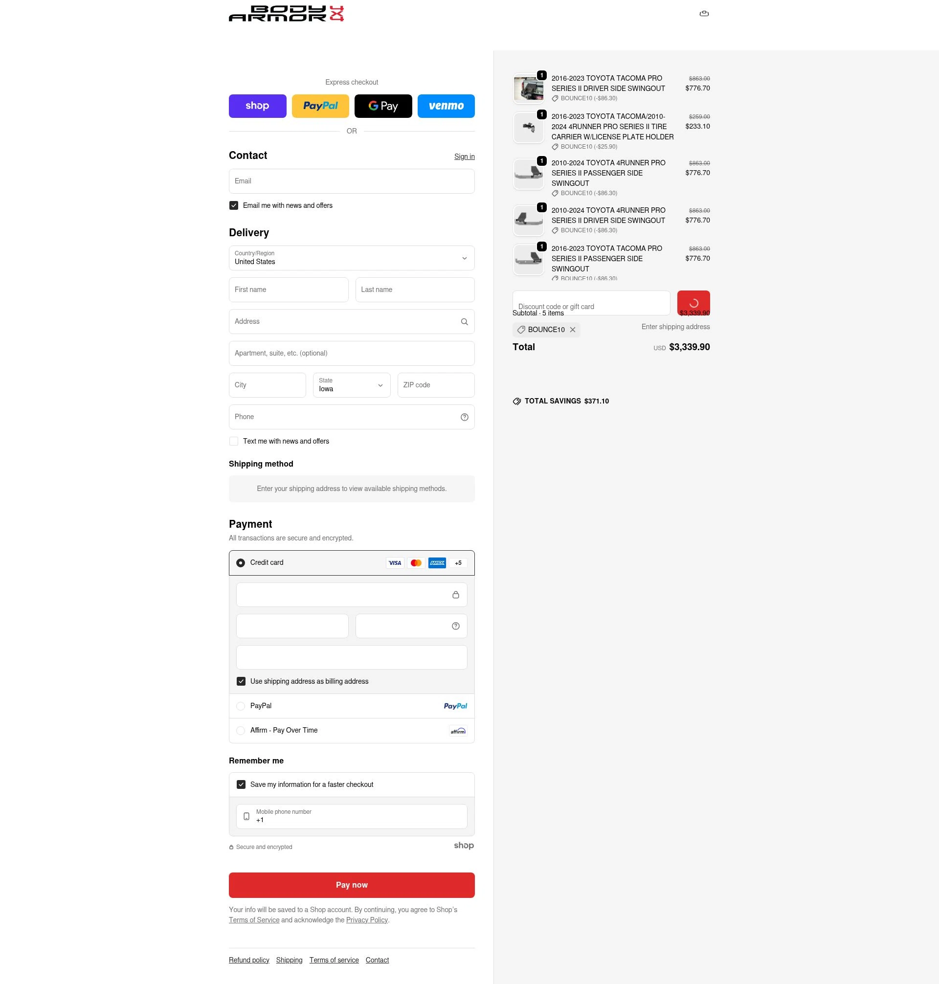Body Armor 4x4 checkout page showing Body Armor 4x4 discount code box | Screenshot taken by SimplyCodes community member on Jan 23, 2026