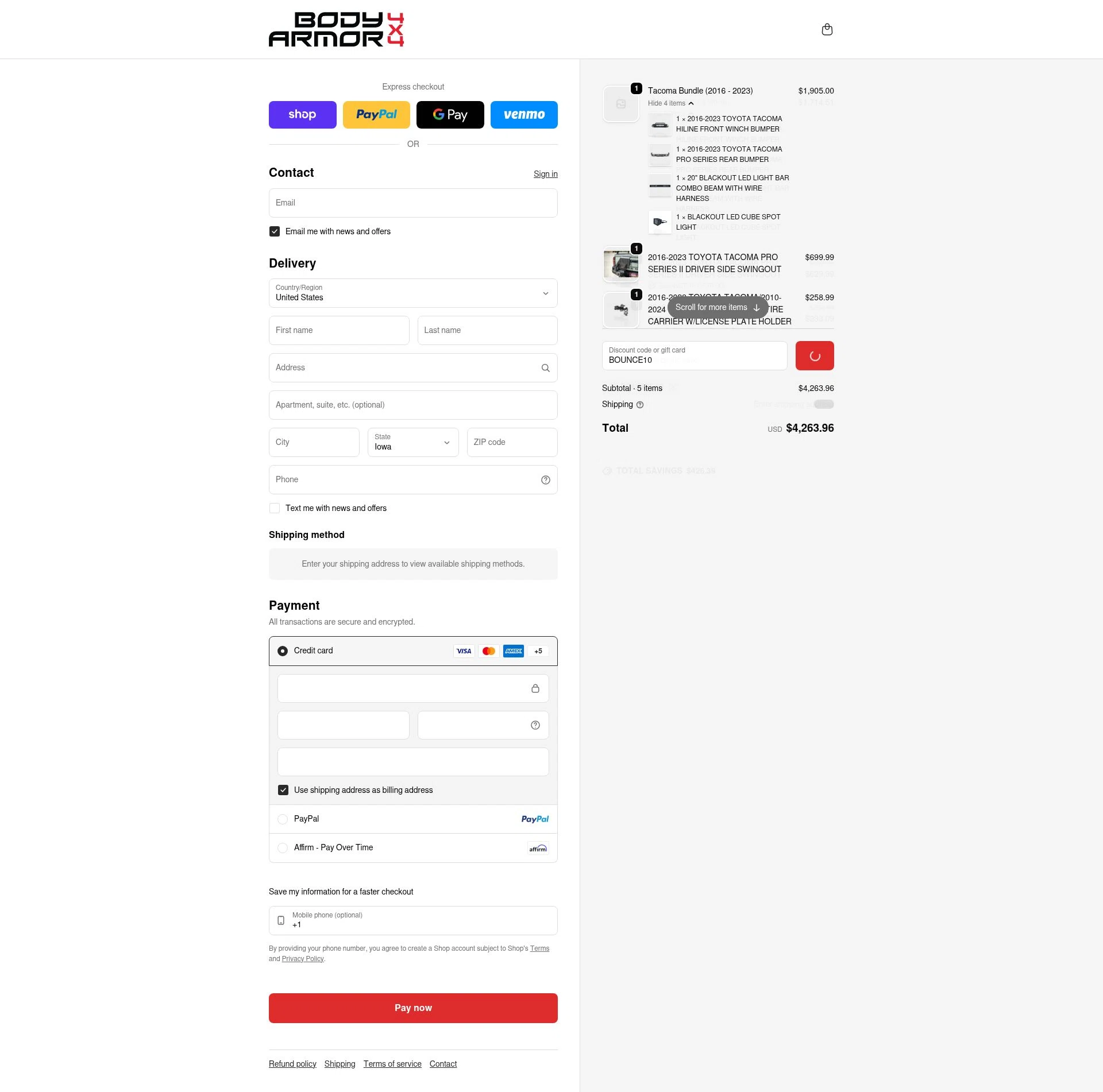 Body Armor 4x4 checkout page showing Body Armor 4x4 discount code box | Screenshot taken by SimplyCodes community member on Feb 10, 2026
