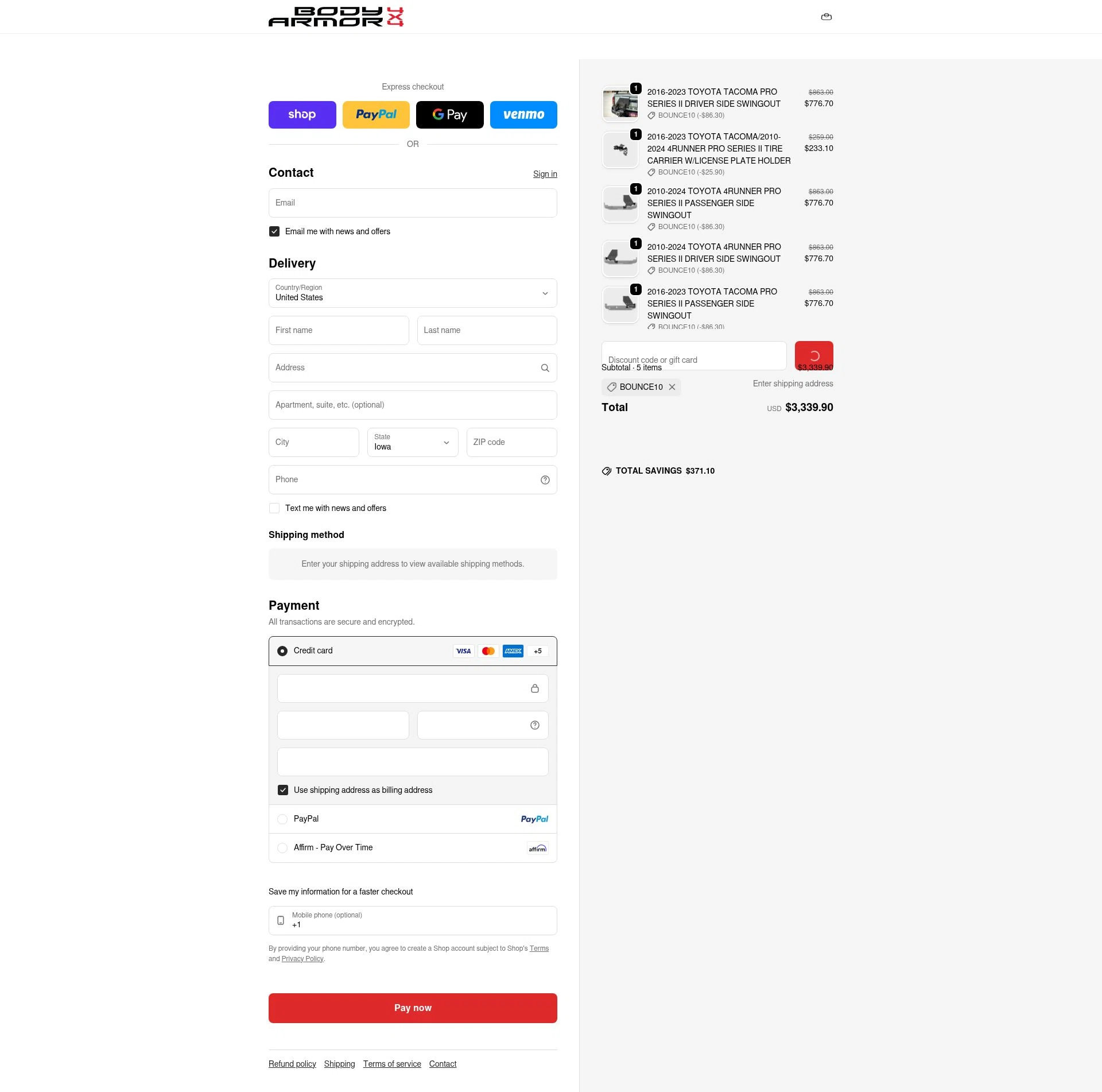Body Armor 4x4 checkout page showing Body Armor 4x4 discount code box | Screenshot taken by SimplyCodes community member on Feb 1, 2026