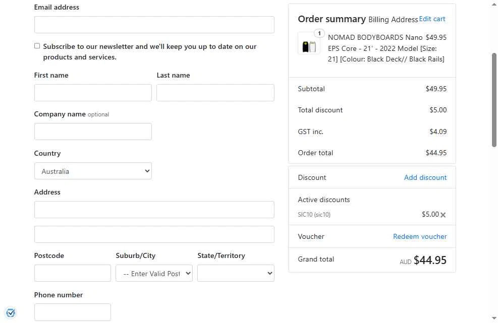 Bodyboard King checkout page showing Bodyboard King discount code box | Screenshot taken by SimplyCodes community member on Jul 21, 2025