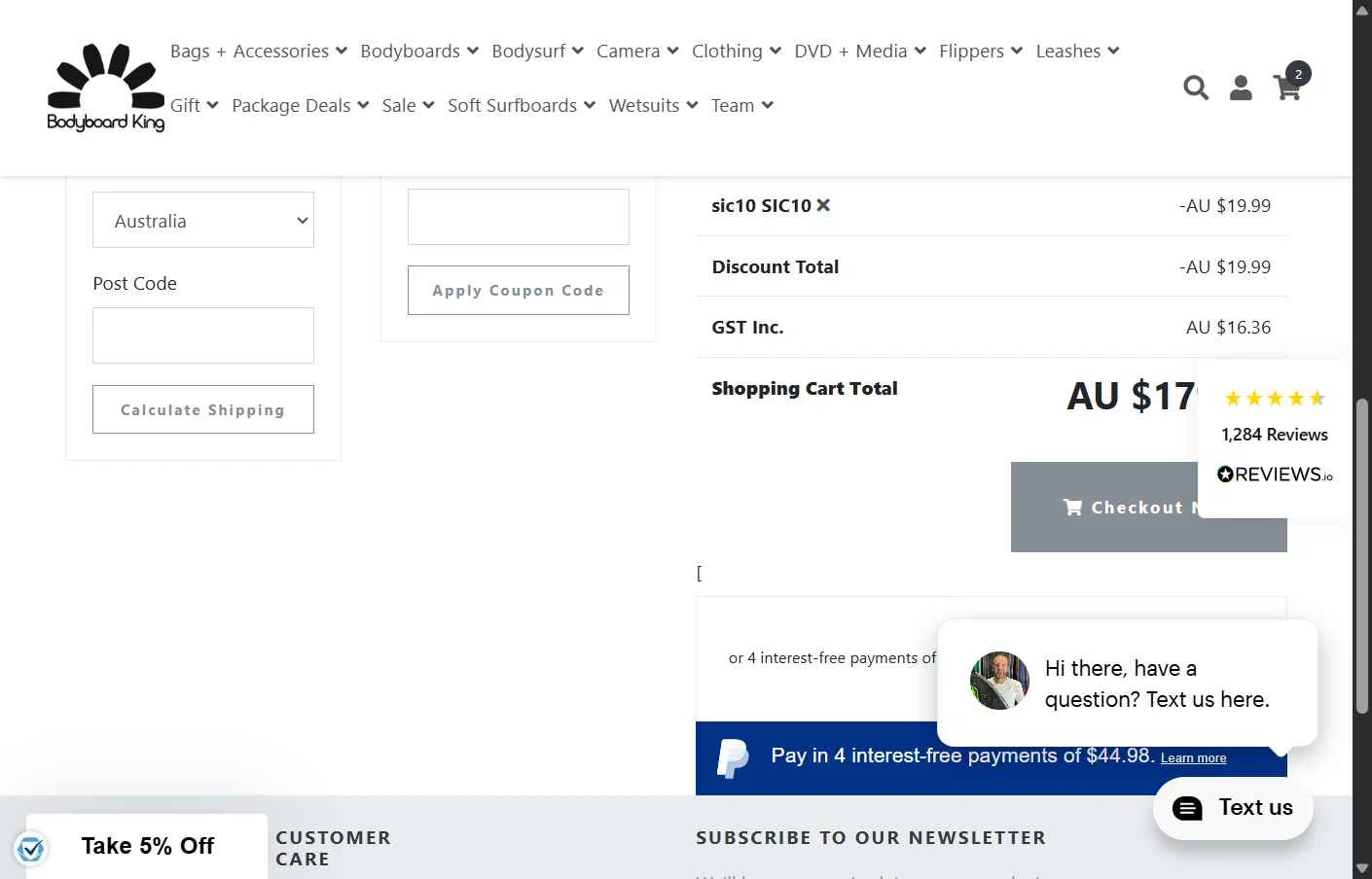 Bodyboard King checkout page showing Bodyboard King discount code box | Screenshot taken by SimplyCodes community member on Jul 21, 2025
