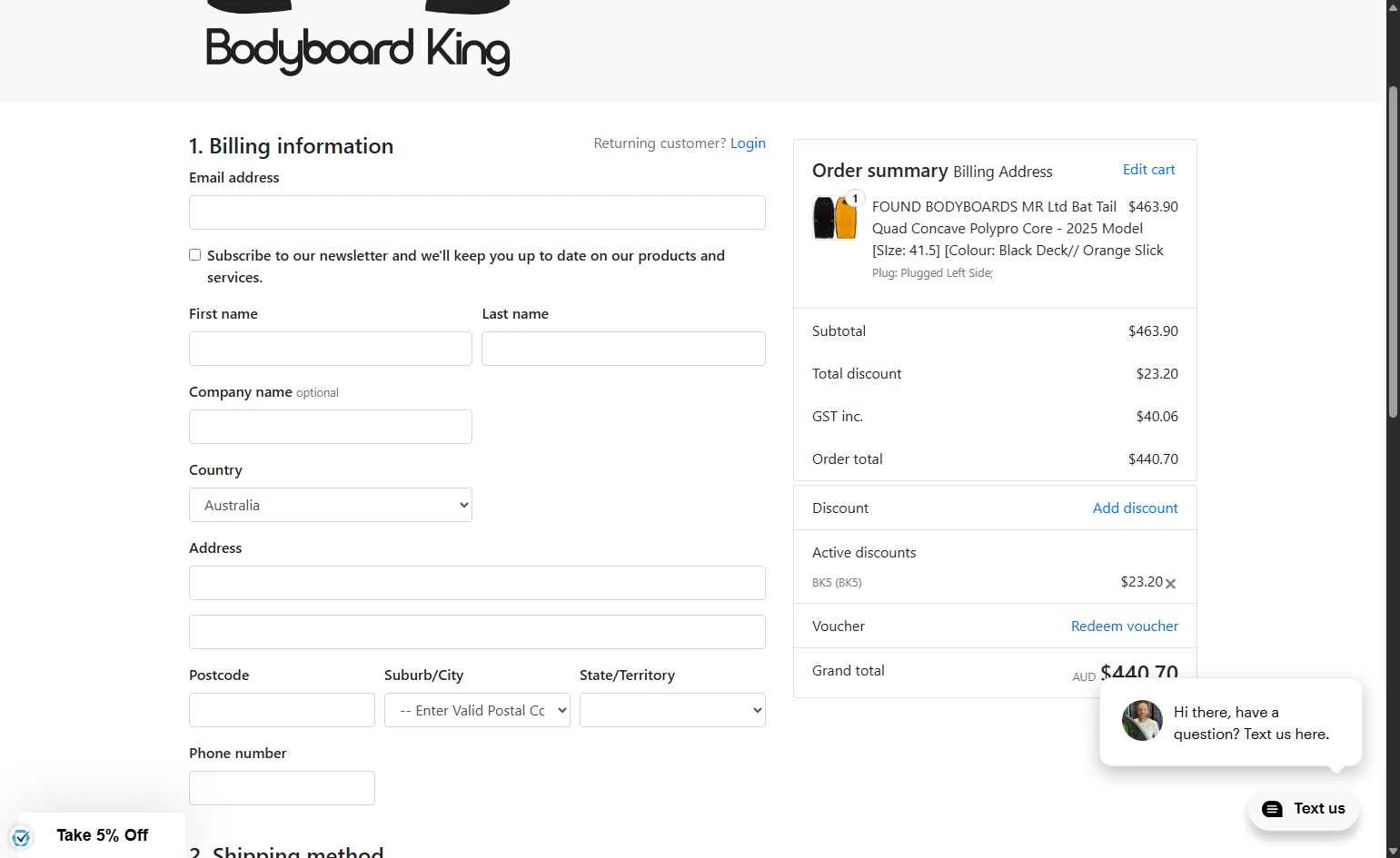 Bodyboard King checkout page showing Bodyboard King discount code box | Screenshot taken by SimplyCodes community member on Oct 19, 2025