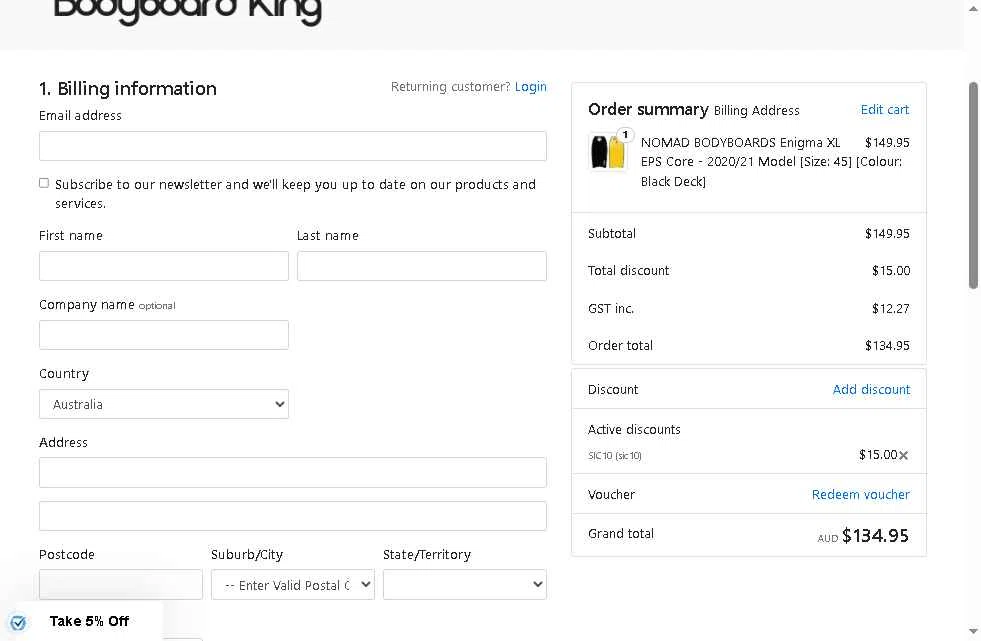 Bodyboard King checkout page showing Bodyboard King discount code box | Screenshot taken by SimplyCodes community member on Jul 21, 2025