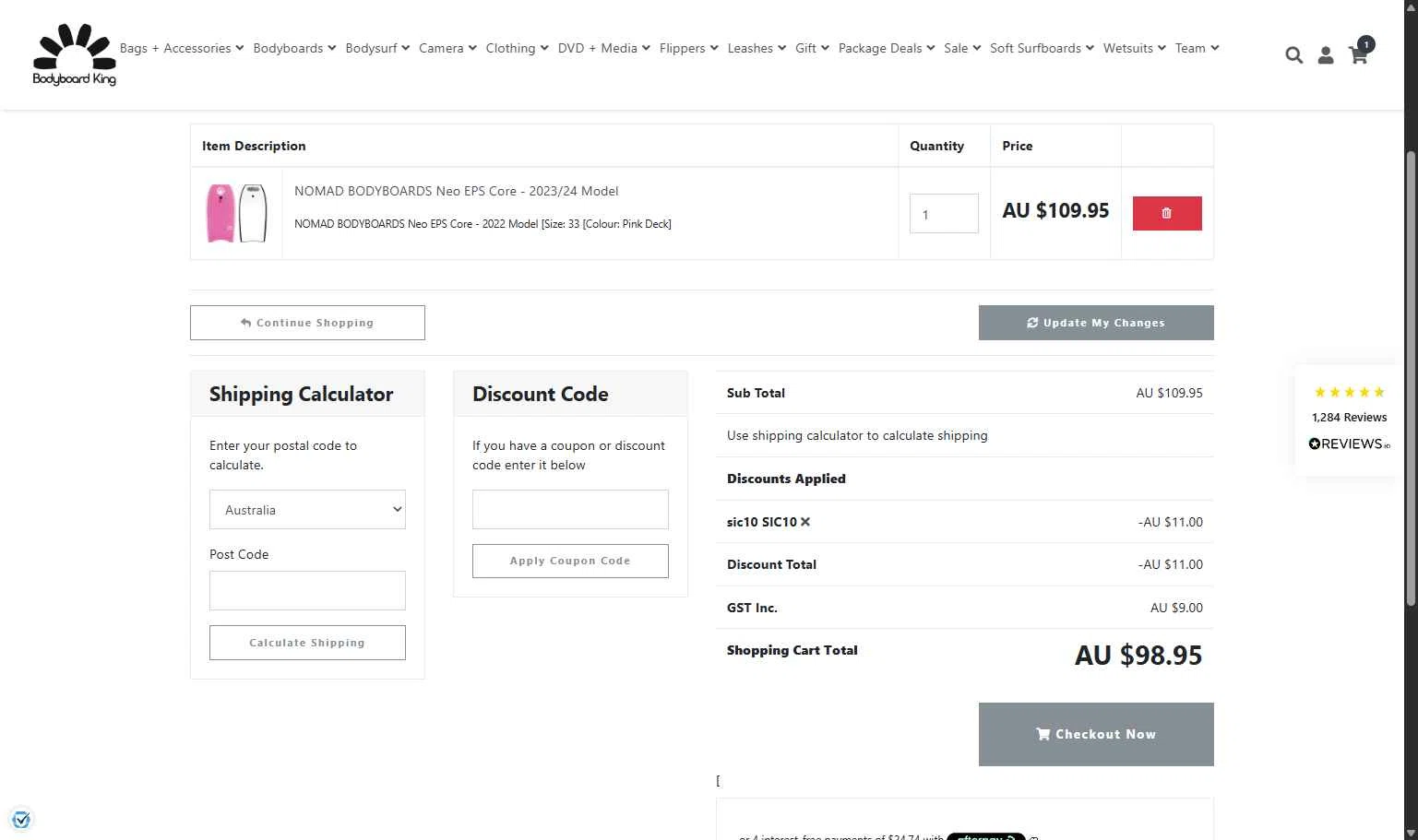 Bodyboard King checkout page showing Bodyboard King discount code box | Screenshot taken by SimplyCodes community member on Jul 21, 2025