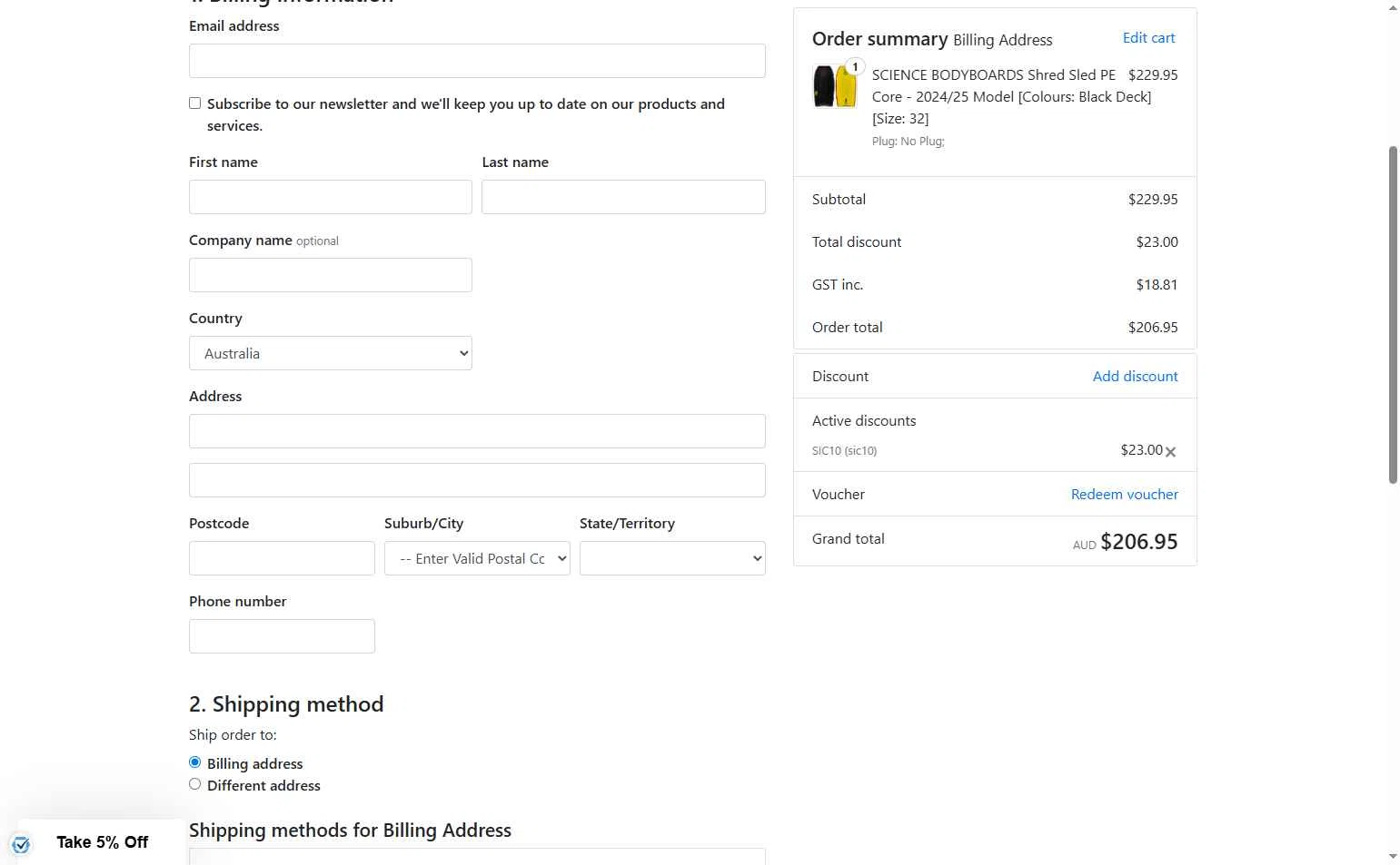Bodyboard King checkout page showing Bodyboard King discount code box | Screenshot taken by SimplyCodes community member on Jul 21, 2025