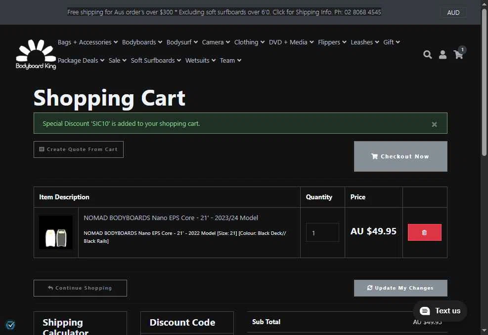 Bodyboard King checkout page showing Bodyboard King discount code box | Screenshot taken by SimplyCodes community member on Jul 21, 2025