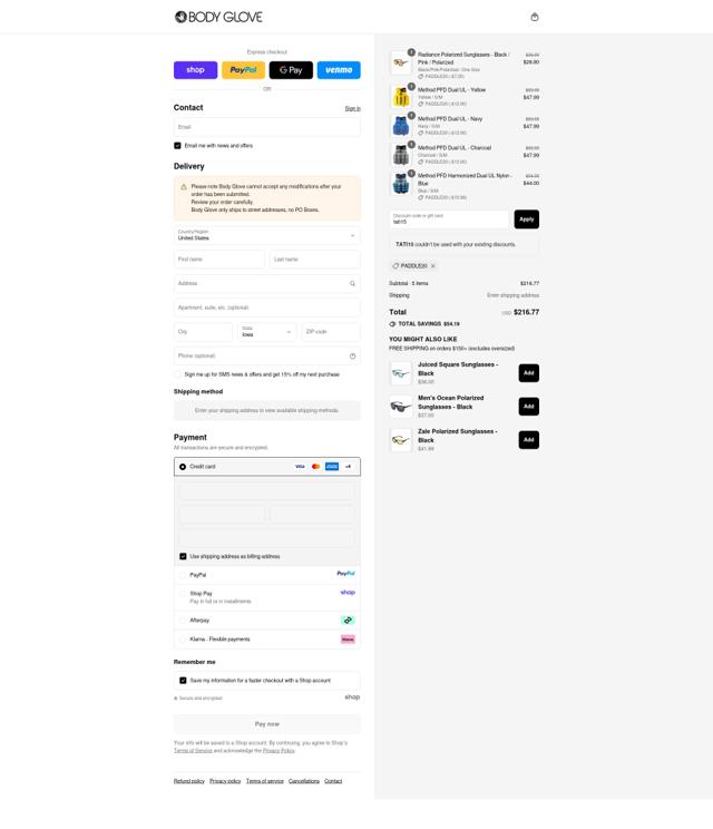 Body Glove checkout page showing Body Glove discount code box | Screenshot taken by SimplyCodes community member on Sep 10, 2025