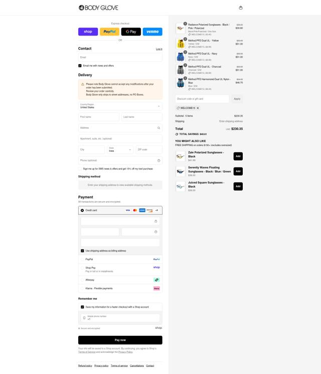 Body Glove checkout page showing Body Glove discount code box | Screenshot taken by SimplyCodes community member on Sep 6, 2025