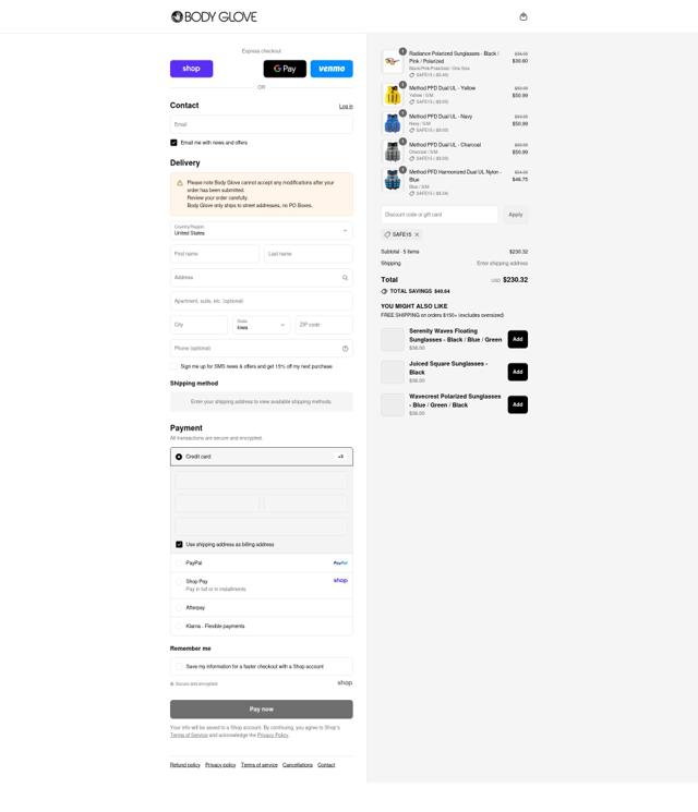 Body Glove checkout page showing Body Glove discount code box | Screenshot taken by SimplyCodes community member on Sep 6, 2025