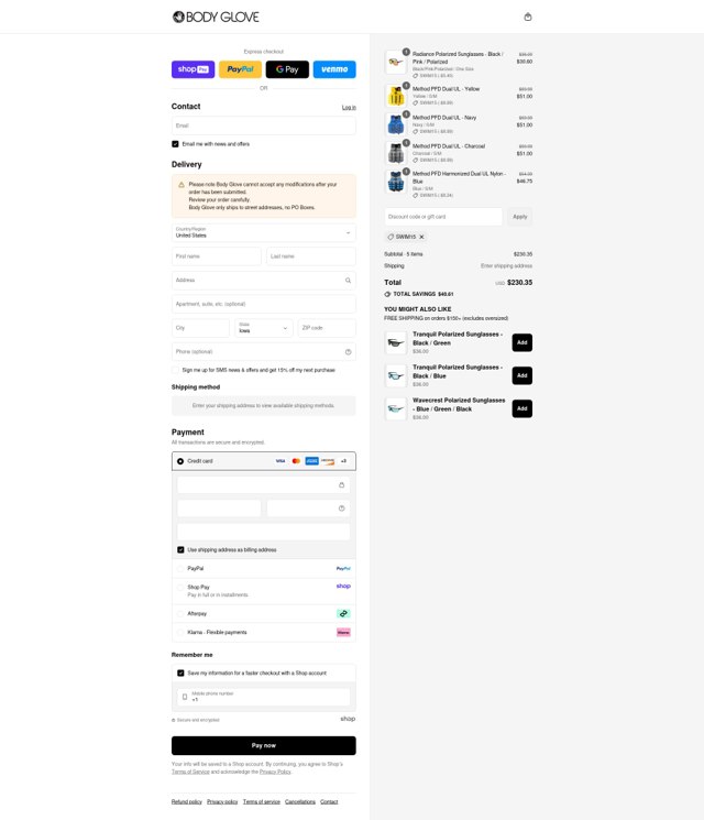 Body Glove checkout page showing Body Glove discount code box | Screenshot taken by SimplyCodes community member on Aug 24, 2025