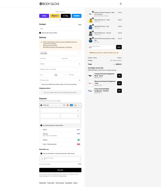 Body Glove checkout page showing Body Glove discount code box | Screenshot taken by SimplyCodes community member on Aug 29, 2025