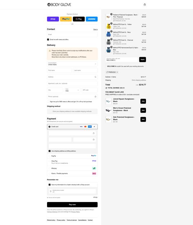 Body Glove checkout page showing Body Glove discount code box | Screenshot taken by SimplyCodes community member on Sep 10, 2025