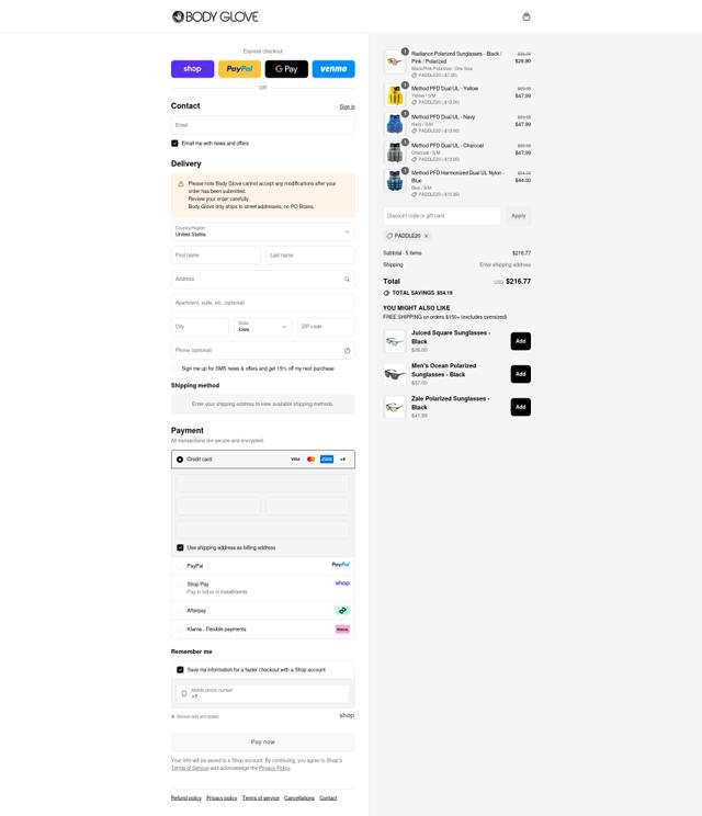 Body Glove checkout page showing Body Glove discount code box | Screenshot taken by SimplyCodes community member on Sep 10, 2025