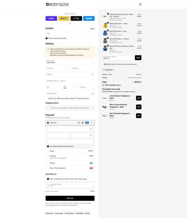 Body Glove checkout page showing Body Glove discount code box | Screenshot taken by SimplyCodes community member on Sep 10, 2025